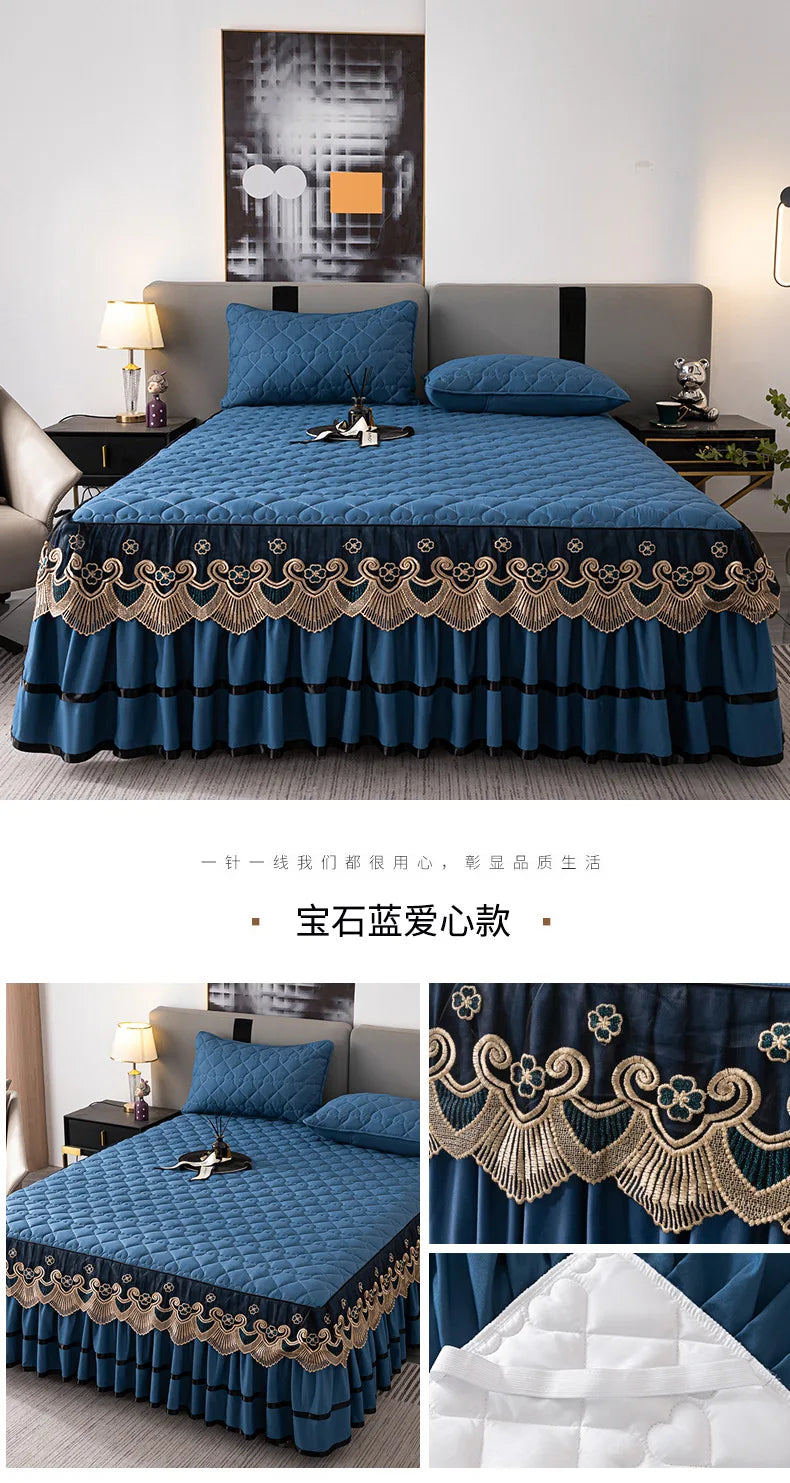 Gold Embroidered Lace Bed Skirt with Heart Pattern