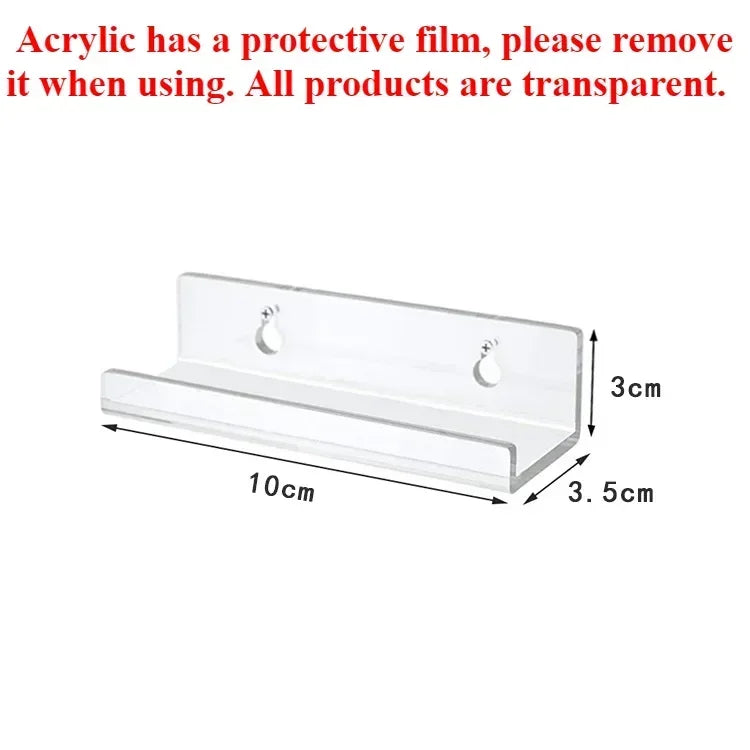 A clear acrylic floating wall display rack with a protective film, measuring 10cm long and 3.5cm deep.