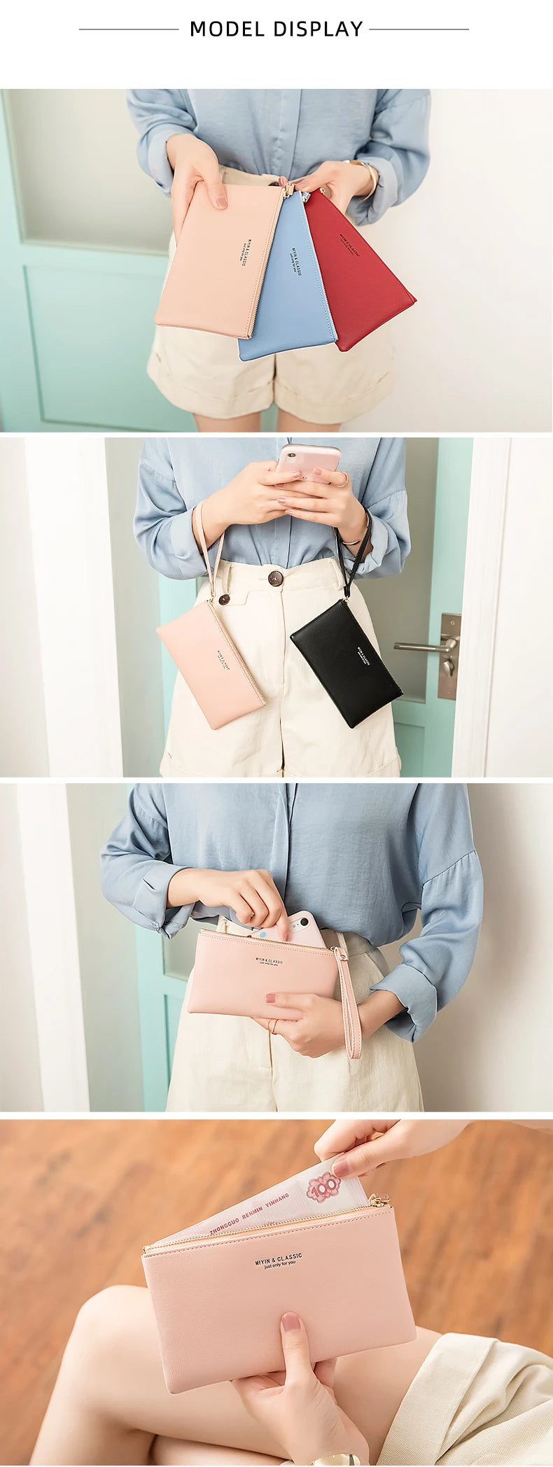 Slim PU Leather Zip-Around Wallet with Card and Phone Pockets
