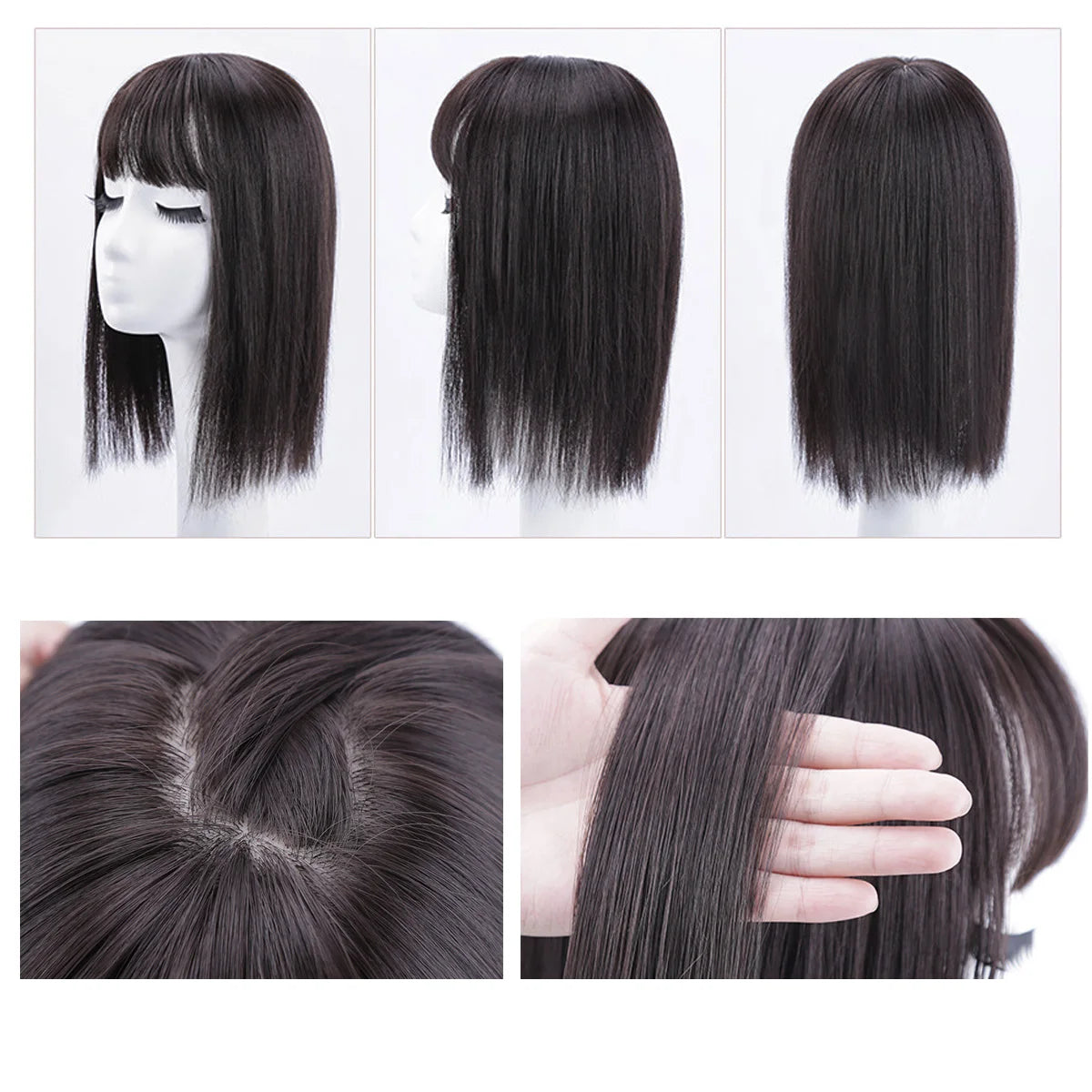 A set of straight black hair toppers showing various lengths and styles, including bangs and full hair, with close-ups of tex