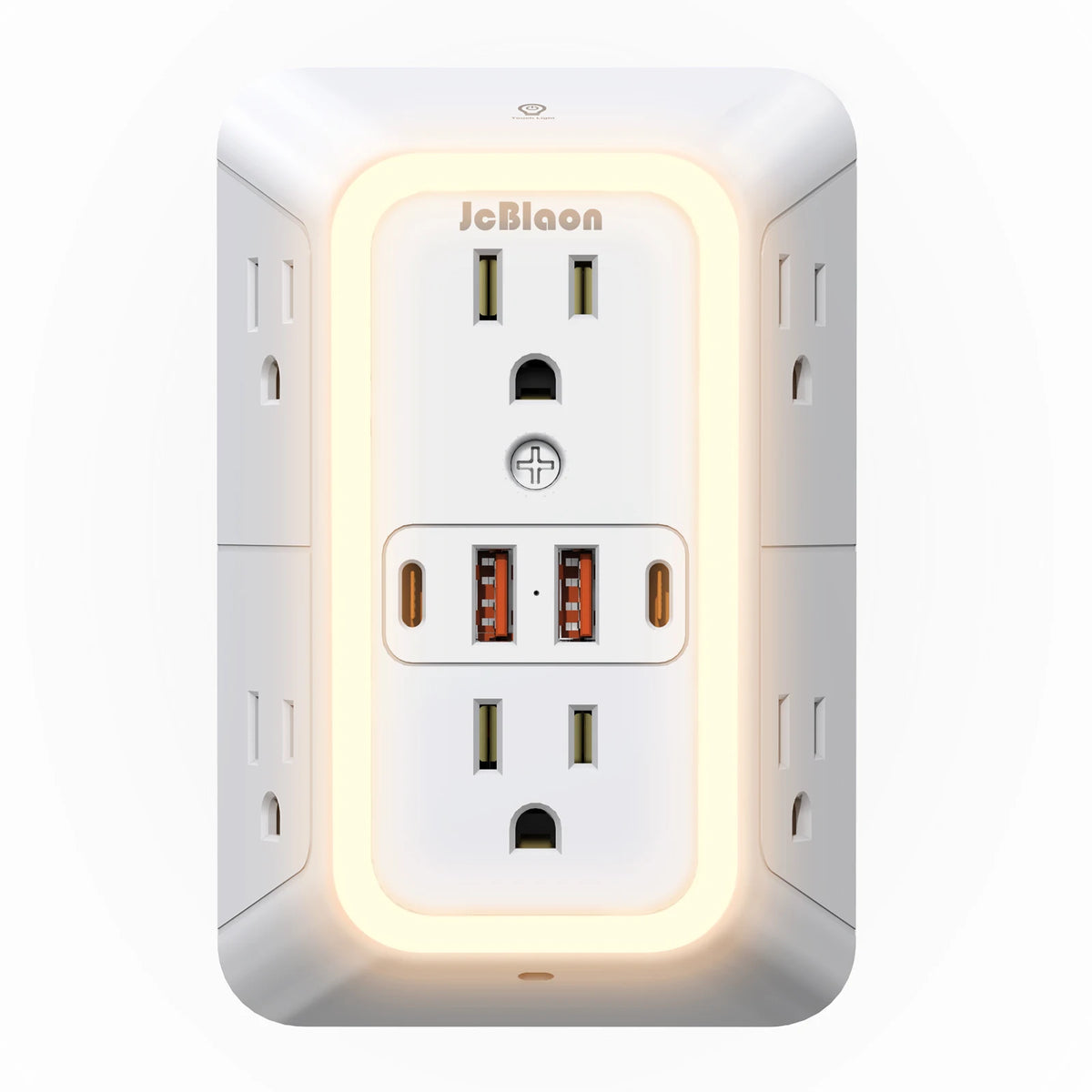 A white wall charger outlet featuring a glowing light strip and multiple power sockets.