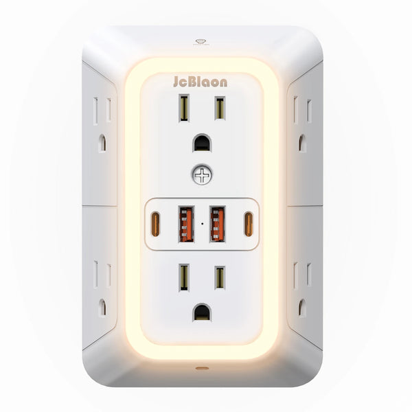 A white wall charger outlet featuring a glowing light strip and multiple power sockets.