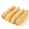 A bundle of natural loofah body scrubbers with hanging ropes, light tan color.