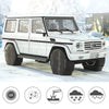 A white Jeep Wrangler with a tire cover set on a snowy surface, demonstrating UV protection and weatherproofing.