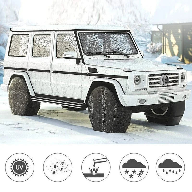 A white Jeep Wrangler with a tire cover set on a snowy surface, demonstrating UV protection and weatherproofing.