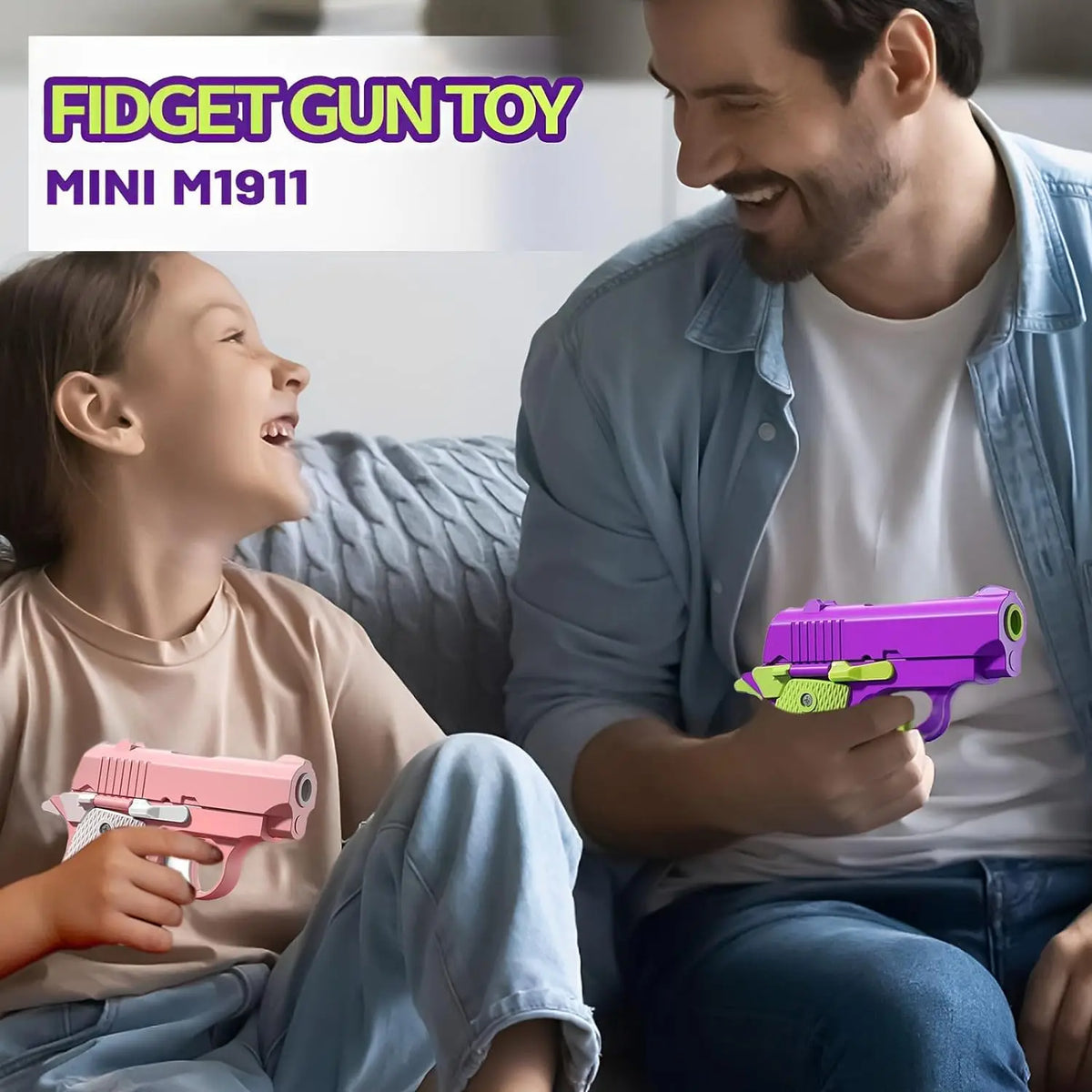 A young girl is playing with a purple fidget gun toy while a man watches her.