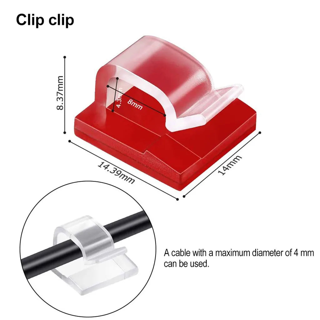Red adhesive cable organizer clips showing the size and application for cables up to 4 mm diameter.
