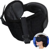 Black travel neck pillow and sleep mask with adjustable head support shown next to a woman wearing the mask