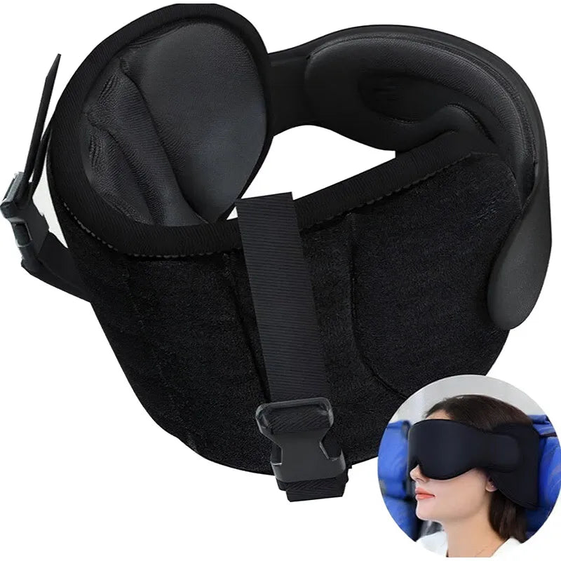 Black travel neck pillow and sleep mask with adjustable head support shown next to a woman wearing the mask