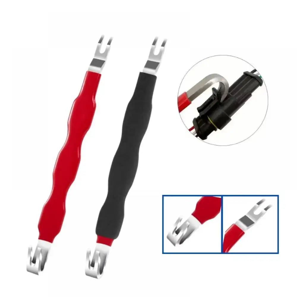 Ein Paar rote und schwarze elektrische Endkabel-Steckzughilfen mit isolierten Griffen und Metallspitzen.
