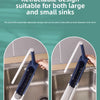 A retractable sink rack is shown being used in a kitchen sink, demonstrating its design for large and small sinks.