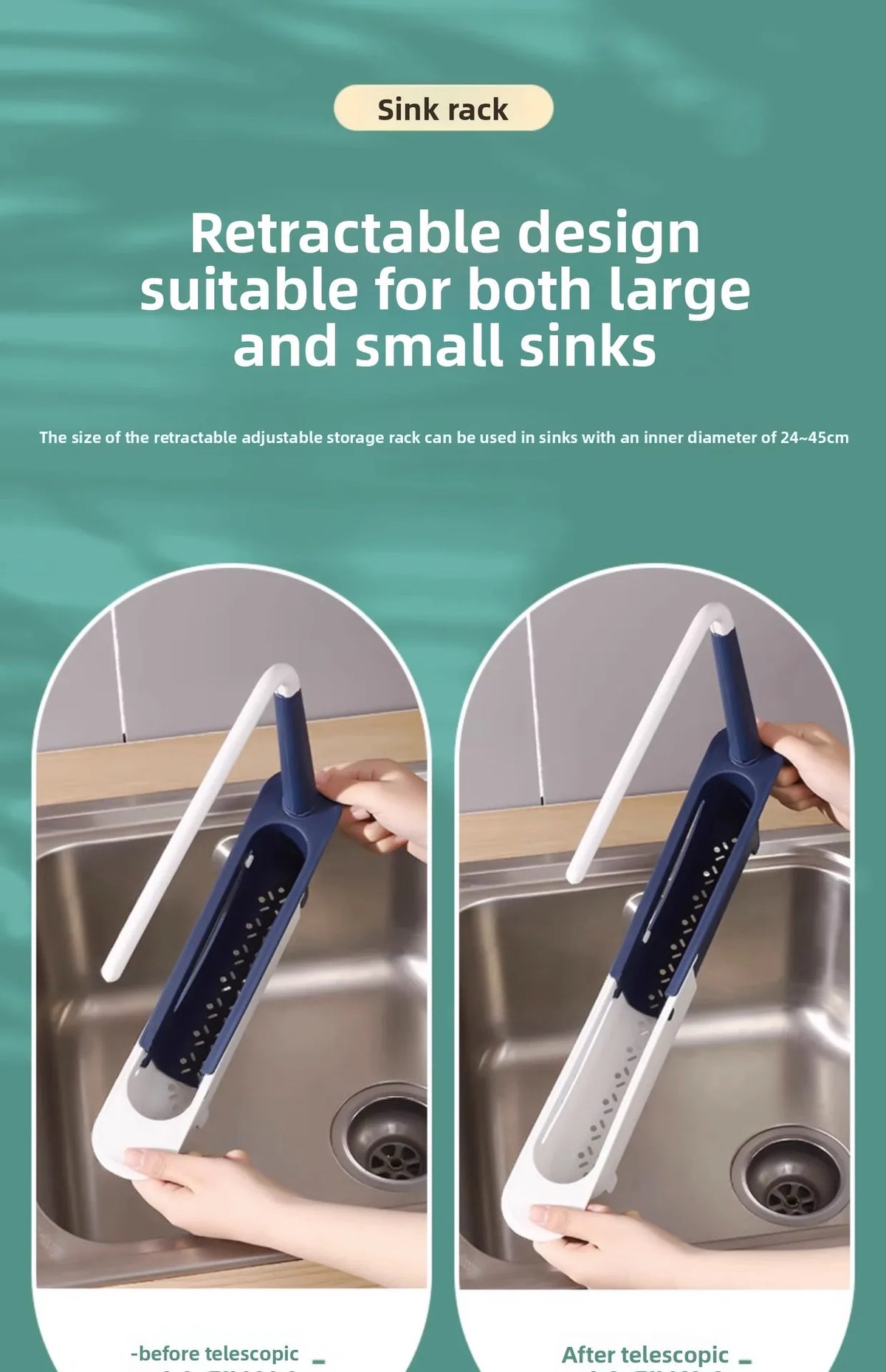 A retractable sink rack is shown being used in a kitchen sink, demonstrating its design for large and small sinks.