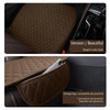 A brown quilted car seat cover set shown in a vehicle interior, highlighting its elegant rustic style and practical storage f