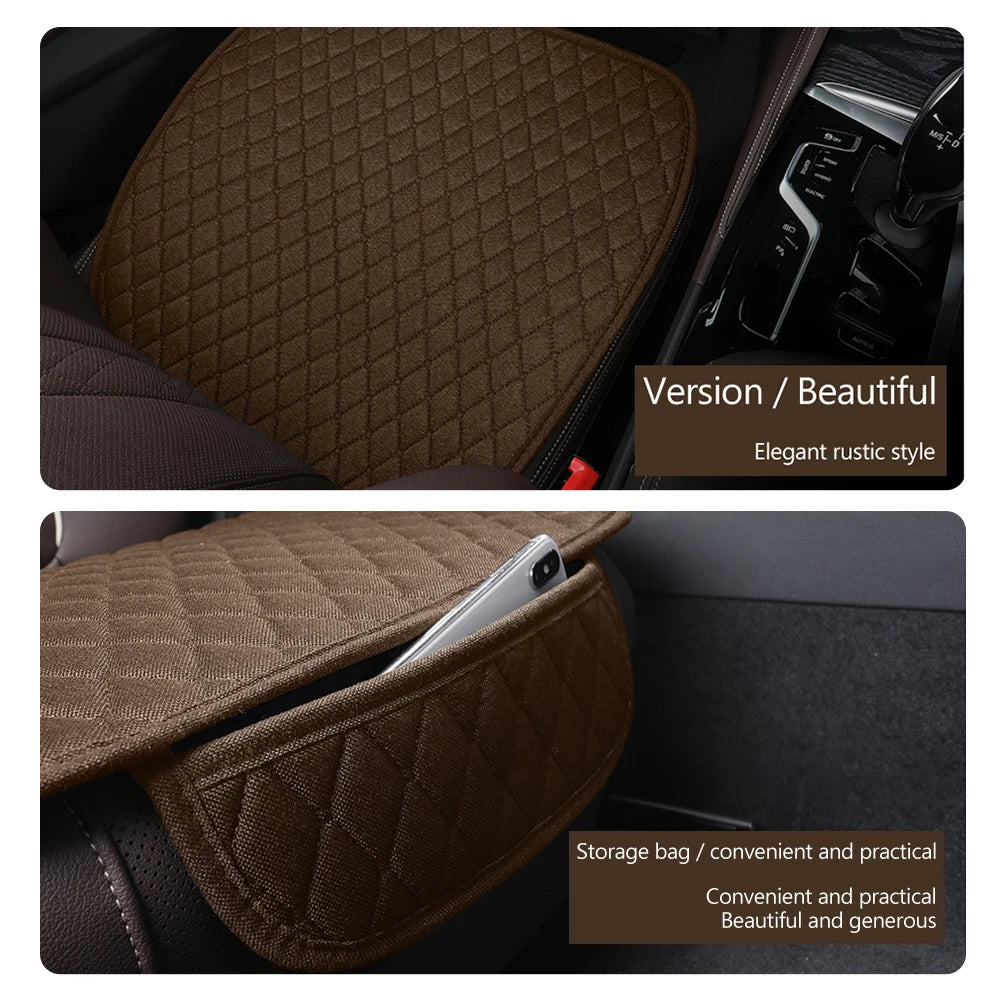 A brown quilted car seat cover set shown in a vehicle interior, highlighting its elegant rustic style and practical storage f