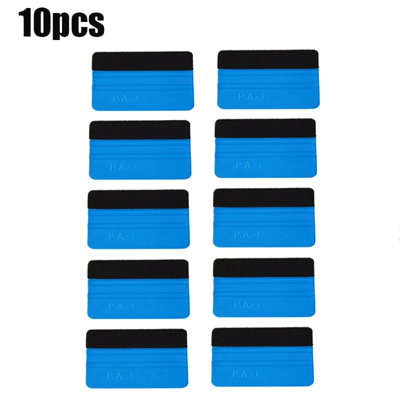 Ten blue and black suede felt squeegees for car vinyl wrap and window tint installation
