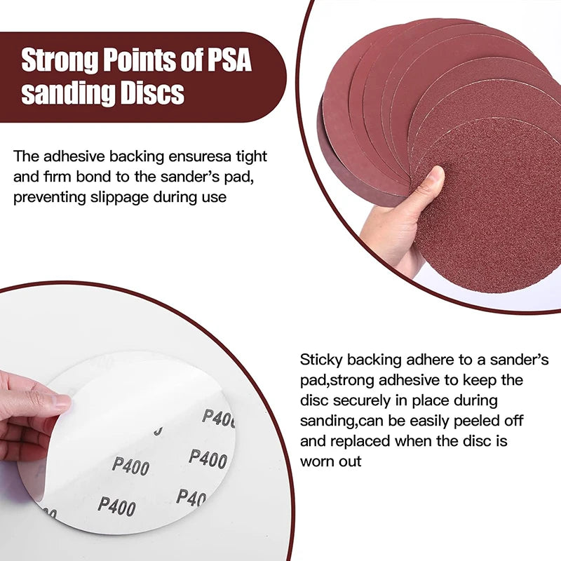 Close-up view of pink sanding discs and a white disc showing various grit numbers like P40, P400, and P4000.