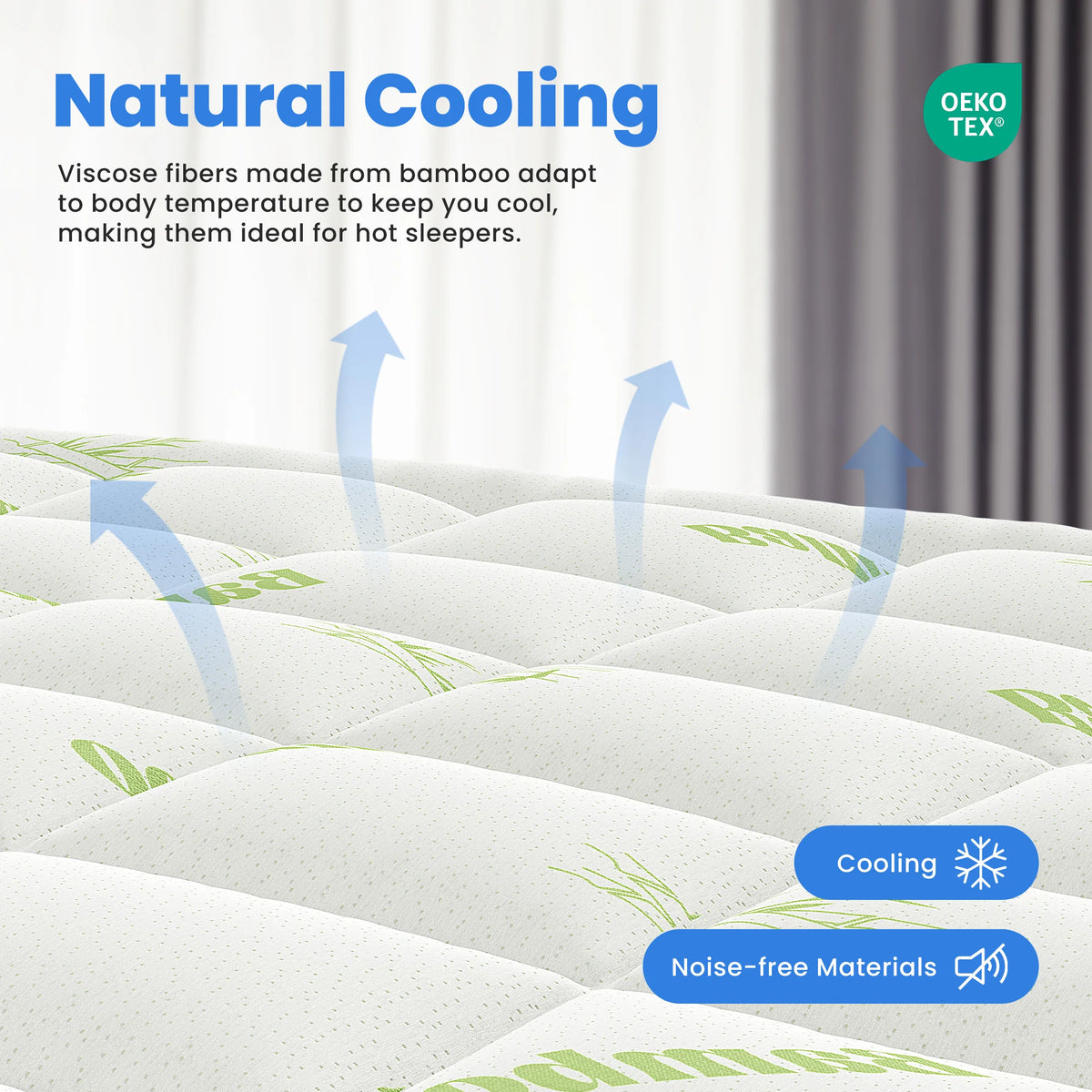 Un surmatelas en viscose de bambou blanc avec des accents verts, illustrant la technologie de refroidissement naturel.