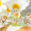 A set of clear resin dice featuring adorable animal figures in orange and yellow against a light green background.