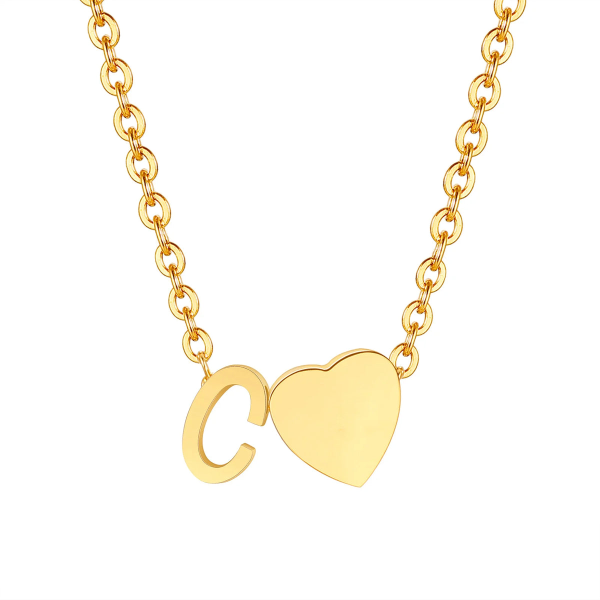 A delicate gold chain necklace featuring a cursive initial 'C' and a heart pendant.