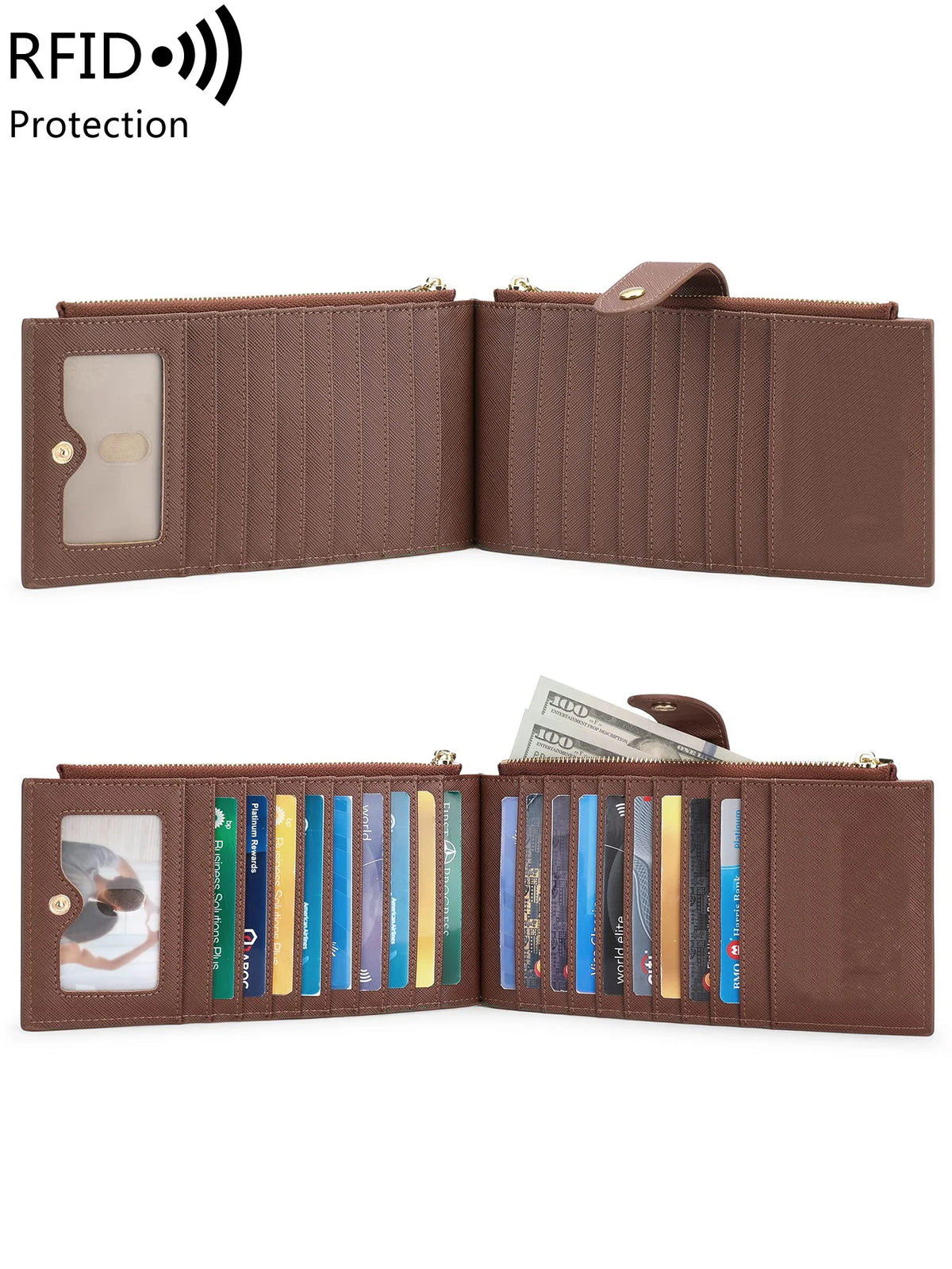A brown RFID blocking extra-large bifold wallet with a double zipper security feature shown open and closed.