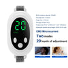 A white handheld EMS sleep aid and relaxation device with a digital display and adjustable strap.