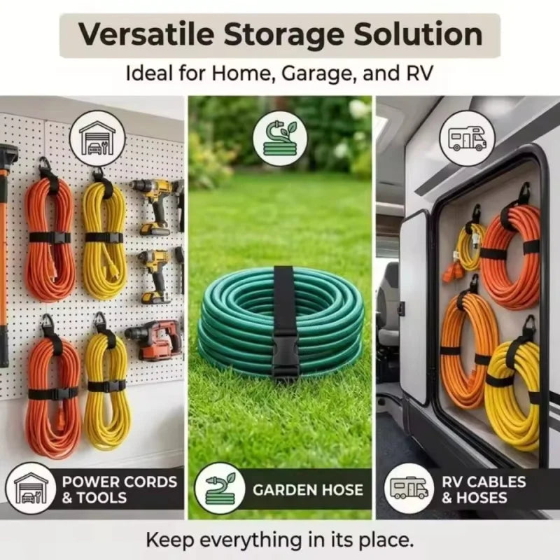 Versatile storage solution showing power cords, garden hose, and RV cables organized in a black plastic container.