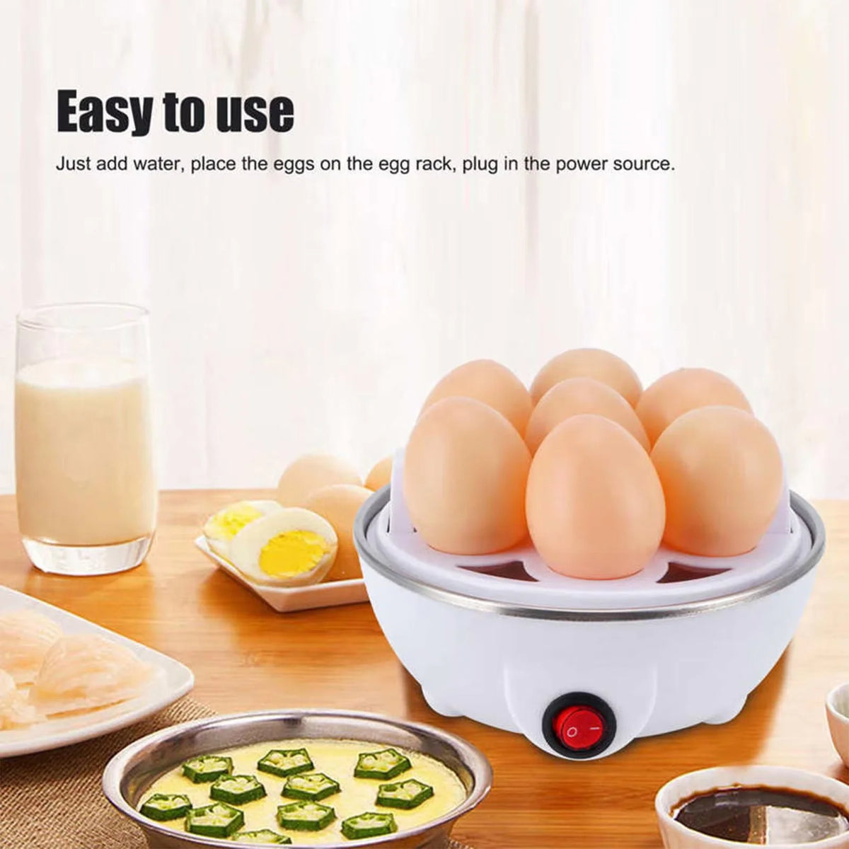 A white electric egg boiler and steamer is shown with eggs, juice, and food items on a wooden table.