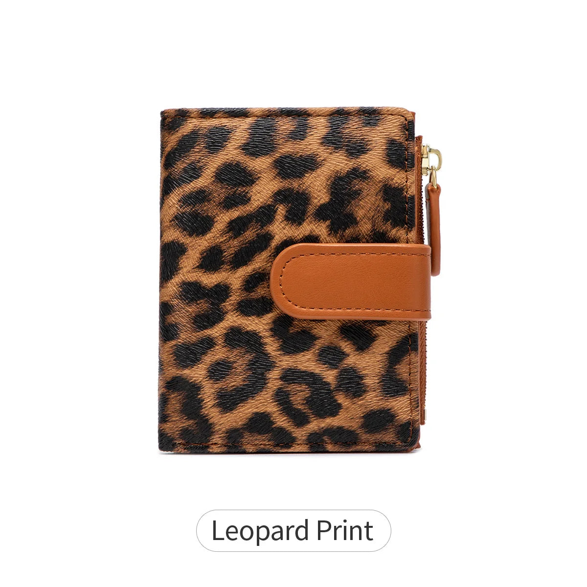 A brown leopard print bifold wallet with a tan leather flap and gold zipper.