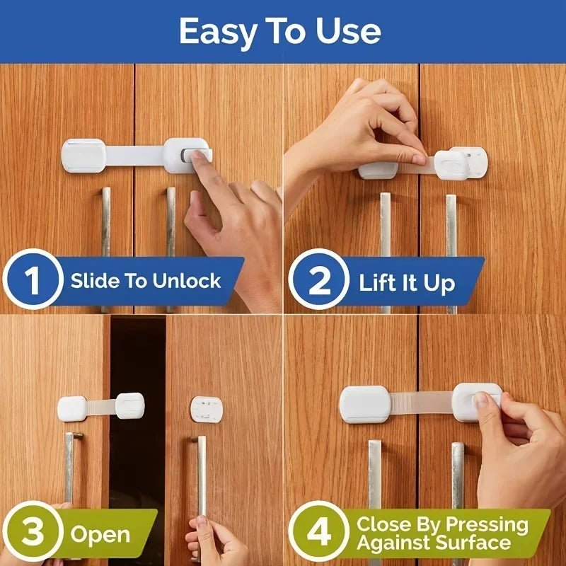 Step-by-step guide showing how to use a child safety cabinet lock with a flexible strap to slide, lift, open, and close.