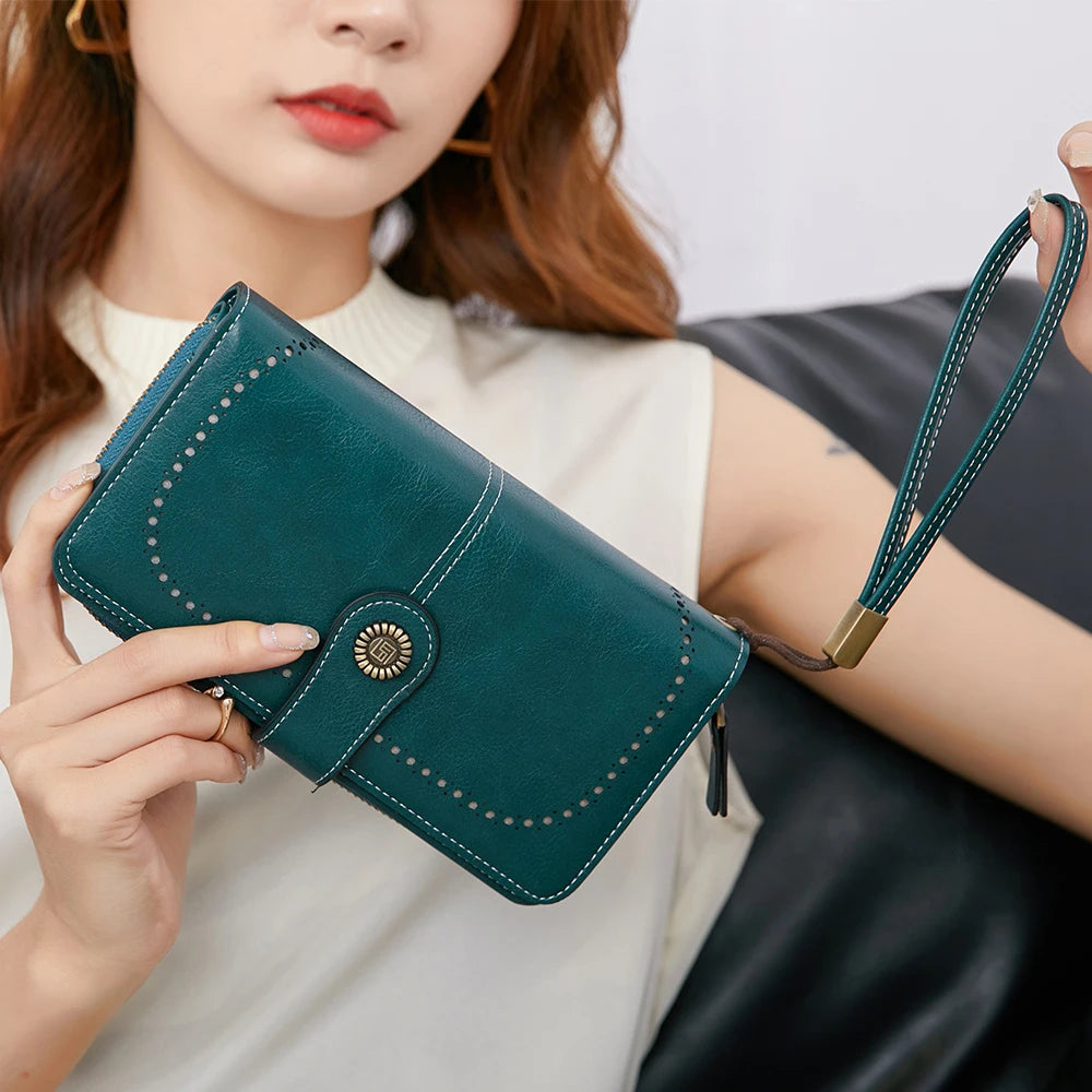 Vintage RFID-Blocking Large Capacity Wallet with Wrist Strap