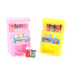 Pink and yellow interactive vending machine toy with play coins and drinks.