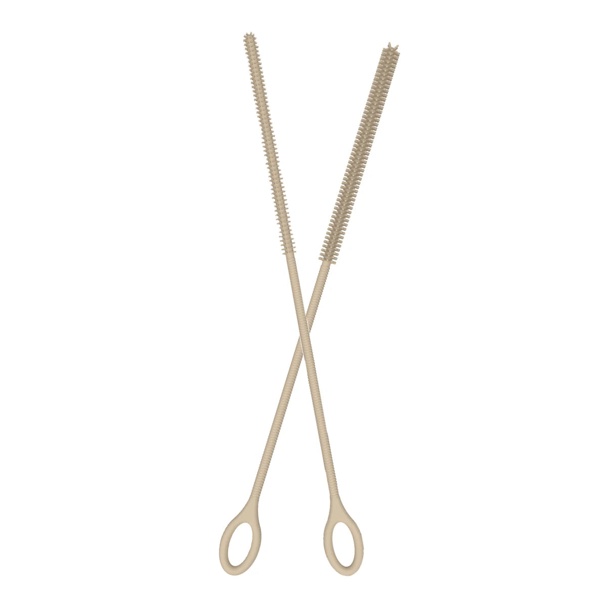 A pair of reusable silicone straw cleaning brushes with long, thin bristles.