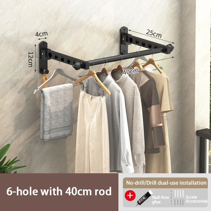 Black 6-hole wall-mounted clothes drying rack with a 40cm rod and screw accessories