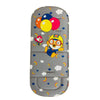 A gray stroller seat cushion featuring colorful cartoon characters and clouds.