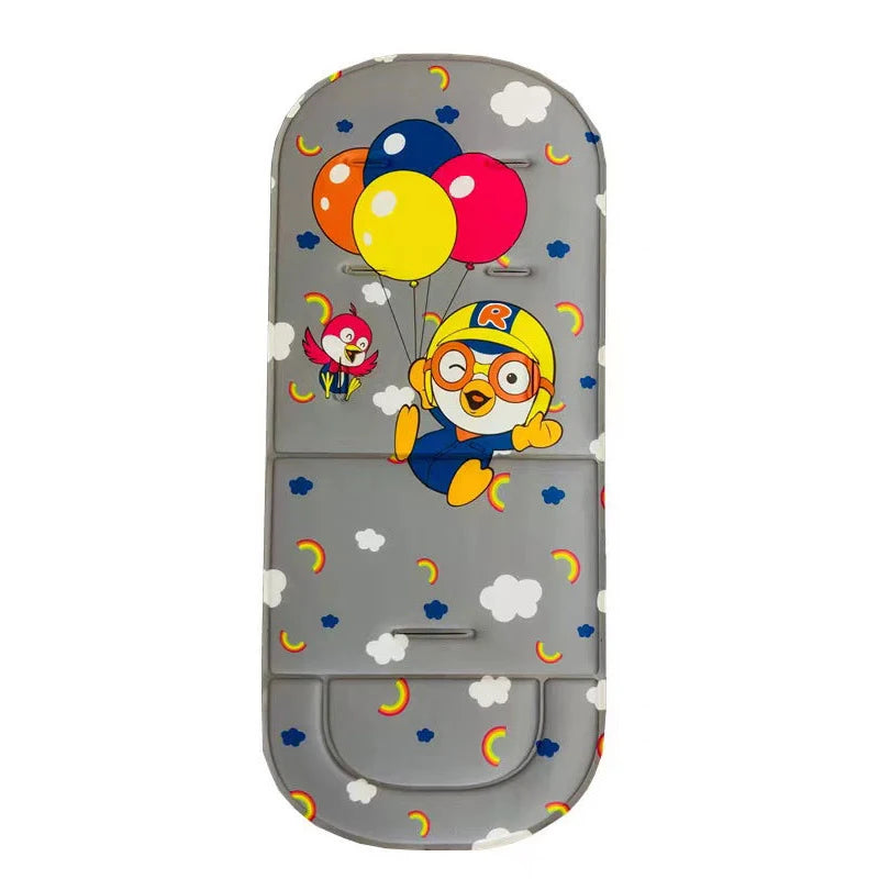 A gray stroller seat cushion featuring colorful cartoon characters and clouds.