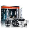 A box and pair of HID Xenon headlight bulbs displayed on a silver base.