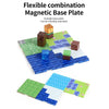 Flexible combination magnetic base plate set showing various sized and colored wooden blocks on a blue surface