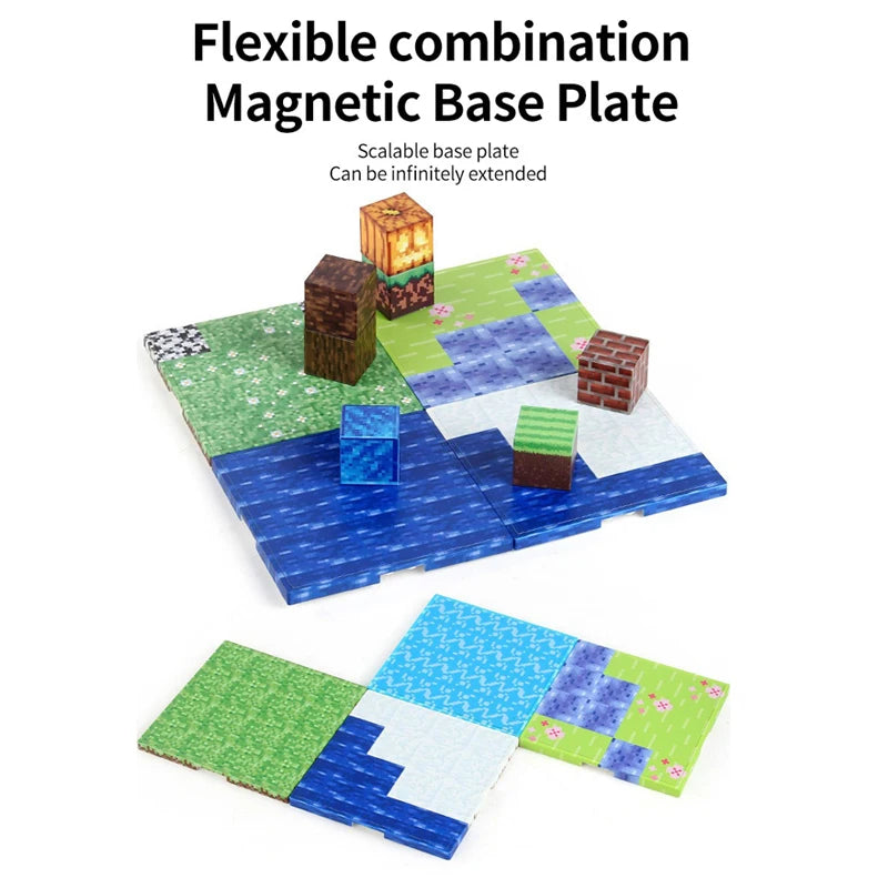 Flexible combination magnetic base plate set showing various sized and colored wooden blocks on a blue surface
