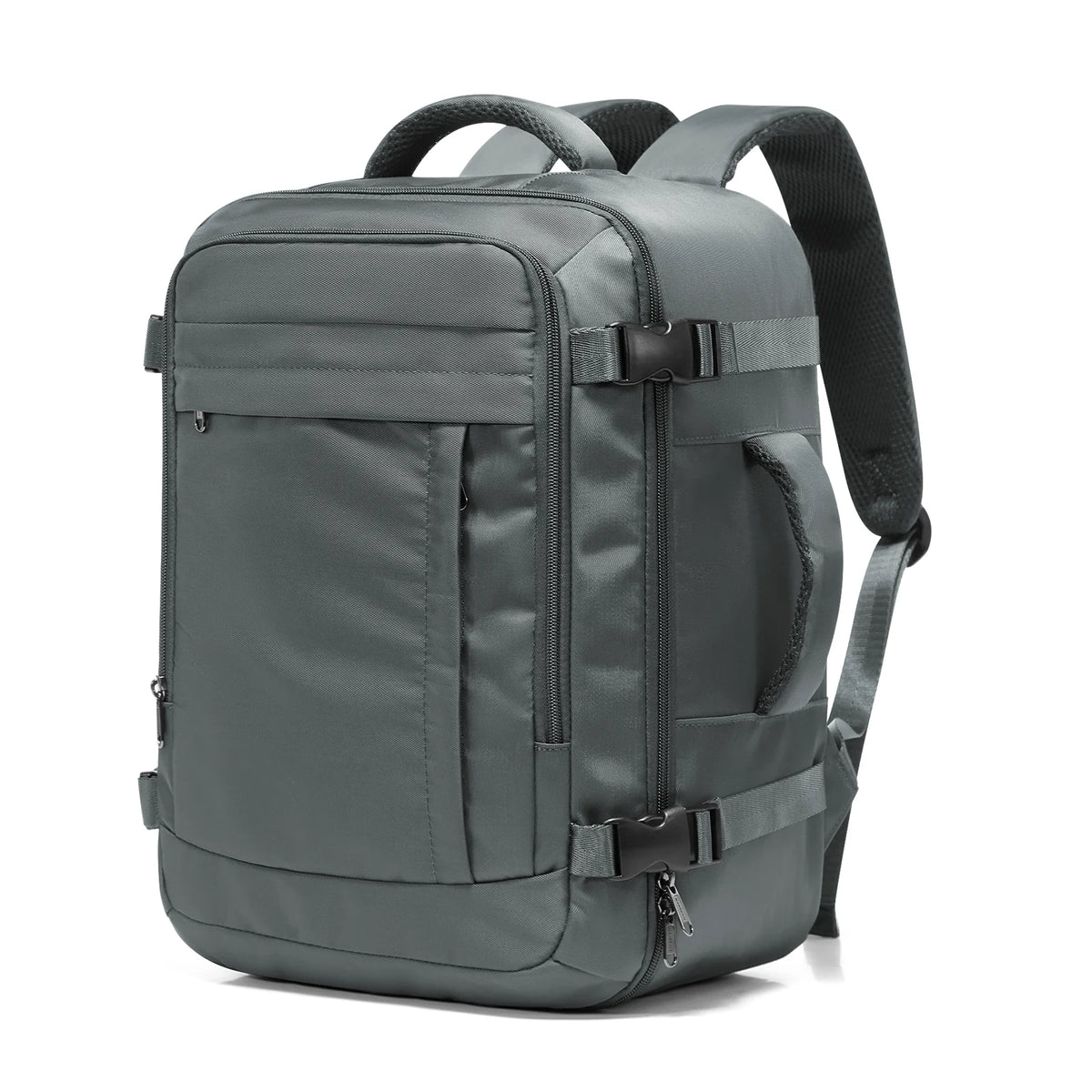 A gray compact underseat travel backpack with padded straps and multiple compartments.