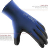 A close-up view of a blue elastic wrist work glove with black fingertips and text on the palm.