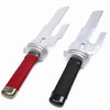 Silver cosplay katana with a red and black grip and blade visible.