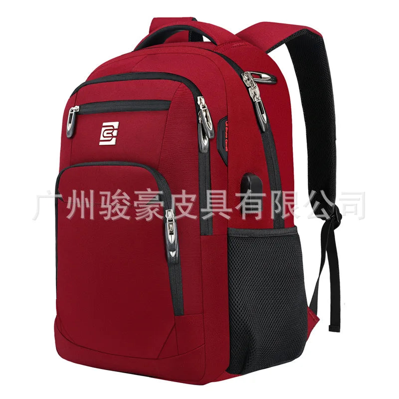 Roter schlanker Laptop-Rucksack mit mehreren Reißverschlusstaschen und schwarzem Trageriemen.