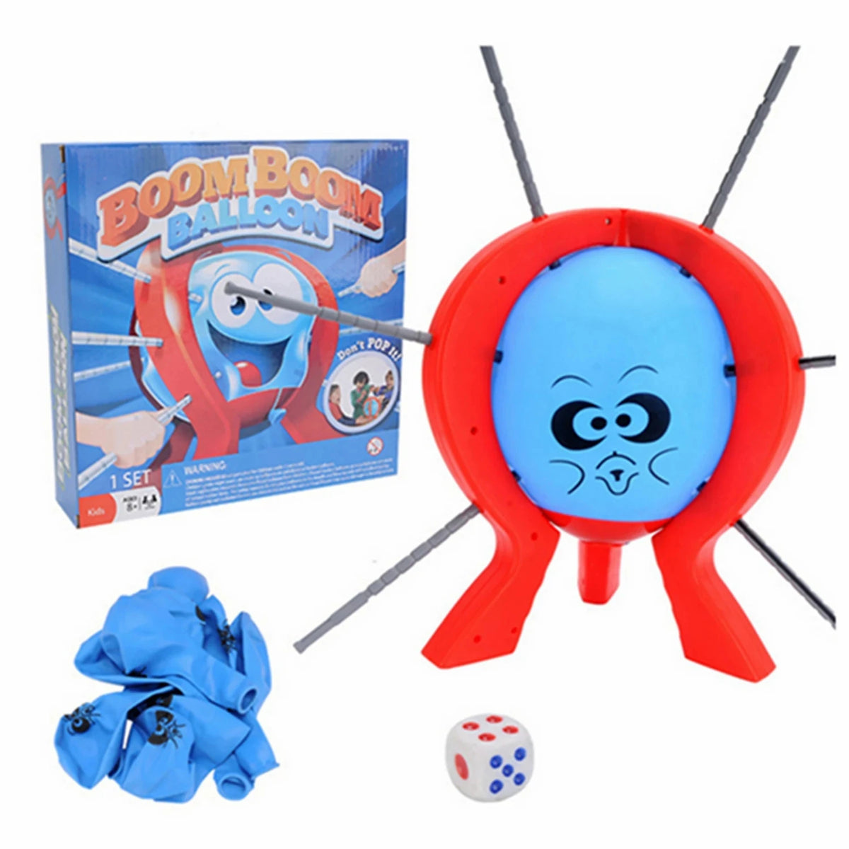 A red balloon game set featuring a large inflatable balloon and several sticks, packaged in a box.