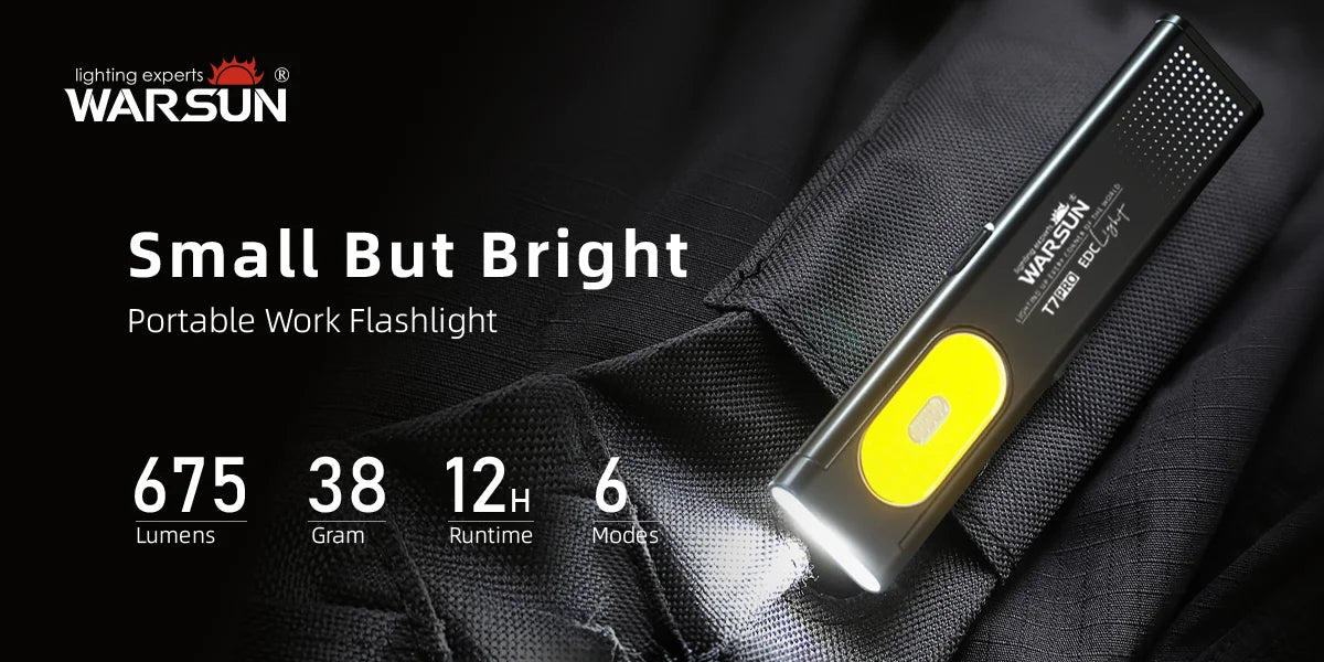 Eine kleine, gelb-leuchtende, portable Taschenlampe wird in einem dunklen Stoff gehalten und zeigt ihre Merkmale.