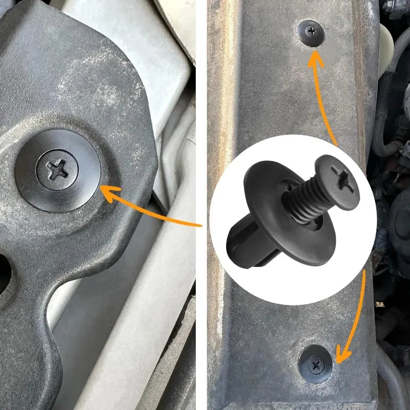 Close-up of a heavy-duty plastic fastener used to secure automotive or DIY projects.