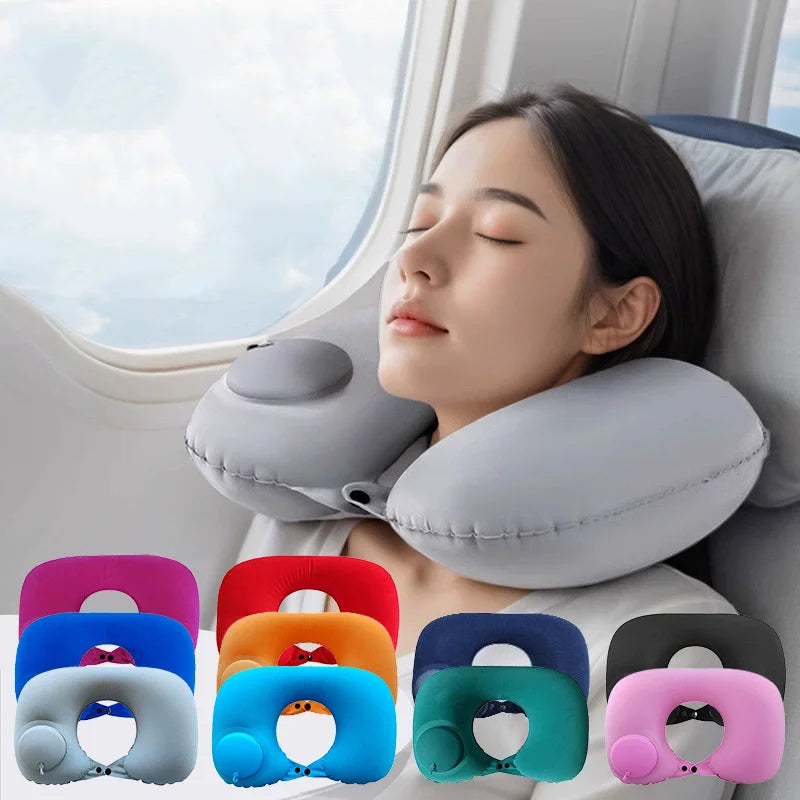 A collection of inflatable U-shaped travel neck pillows in various colors and shapes displayed next to a woman using one.