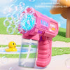 A pink bubble blaster gun is shown firing bubbles, with a yellow duck floating in water.