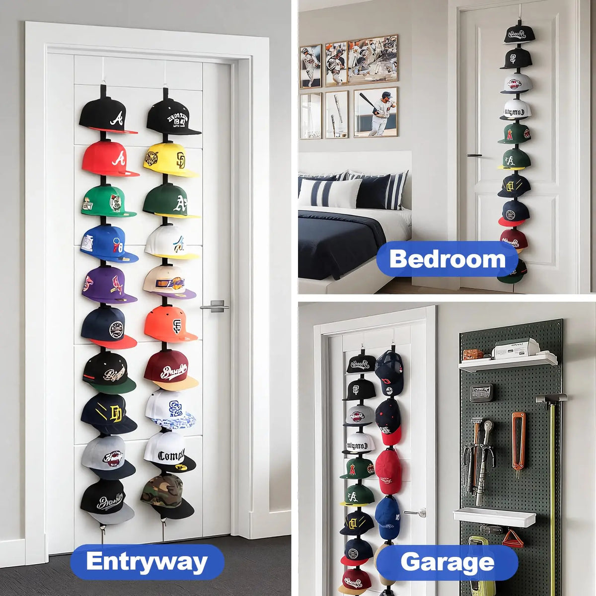 Over-the-door hat organizer with a two-way hanging display showing various colored hats in a white entryway and garage.