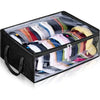A black collapsible storage box filled with various colored hats and caps.