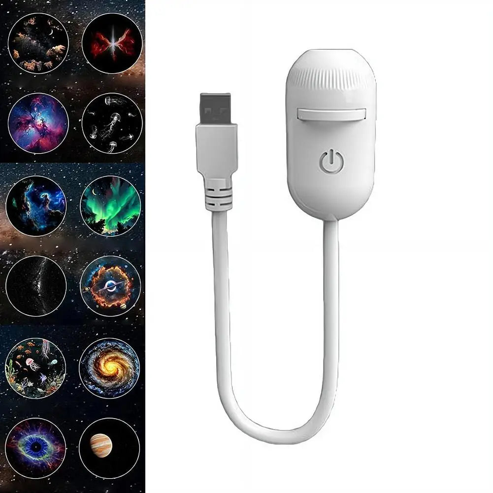 A white Galaxy Star Projector night light with a USB connector and flexible cord, shown next to various star images.